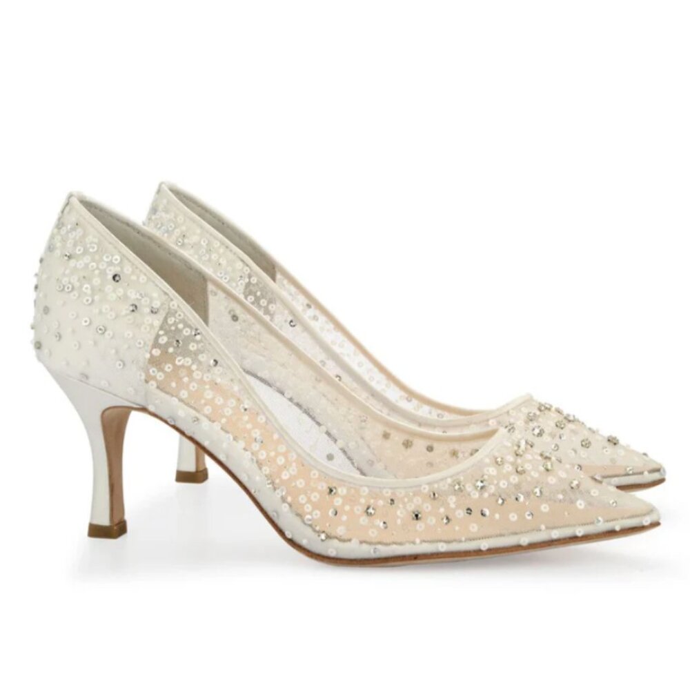 EVELYN IVORY Crystal & Sequin Illusion Mesh Sparkly Kitten Heels - Picture 2 of 4